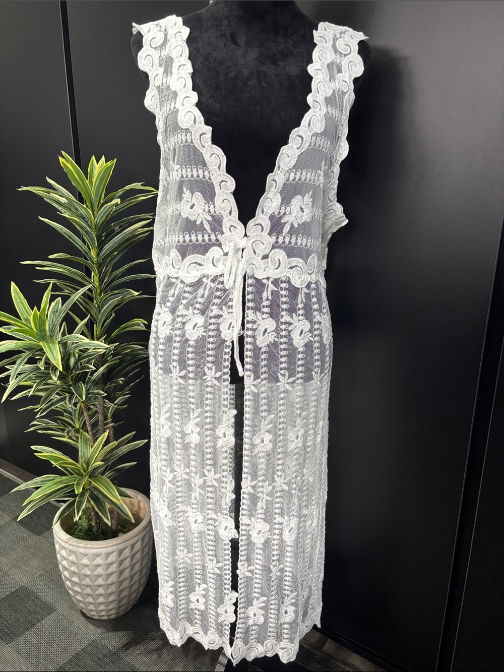 Vivid Lace,Sheer long length swim coverup, v-neck,tie front,elegant,beach,summer